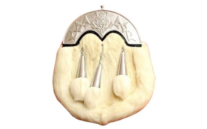 Thistle Cantle White Rabbit Fur Sporran with 3 tassels.jpg